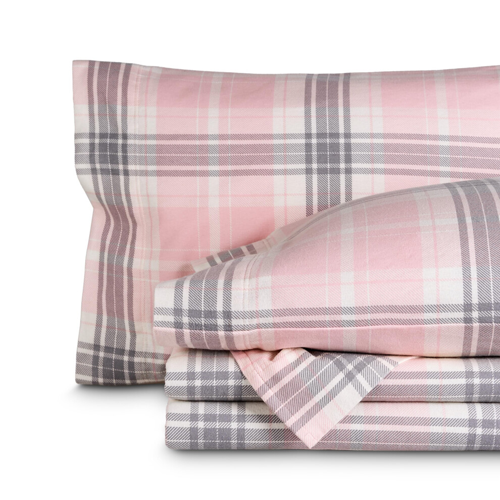 Parure de lit en flanelle Bare Home, 100 % coton, doux et velout  ,   pais, doublement bross  , avec poche profonde (Split King Aurora Plaid - Rose)
