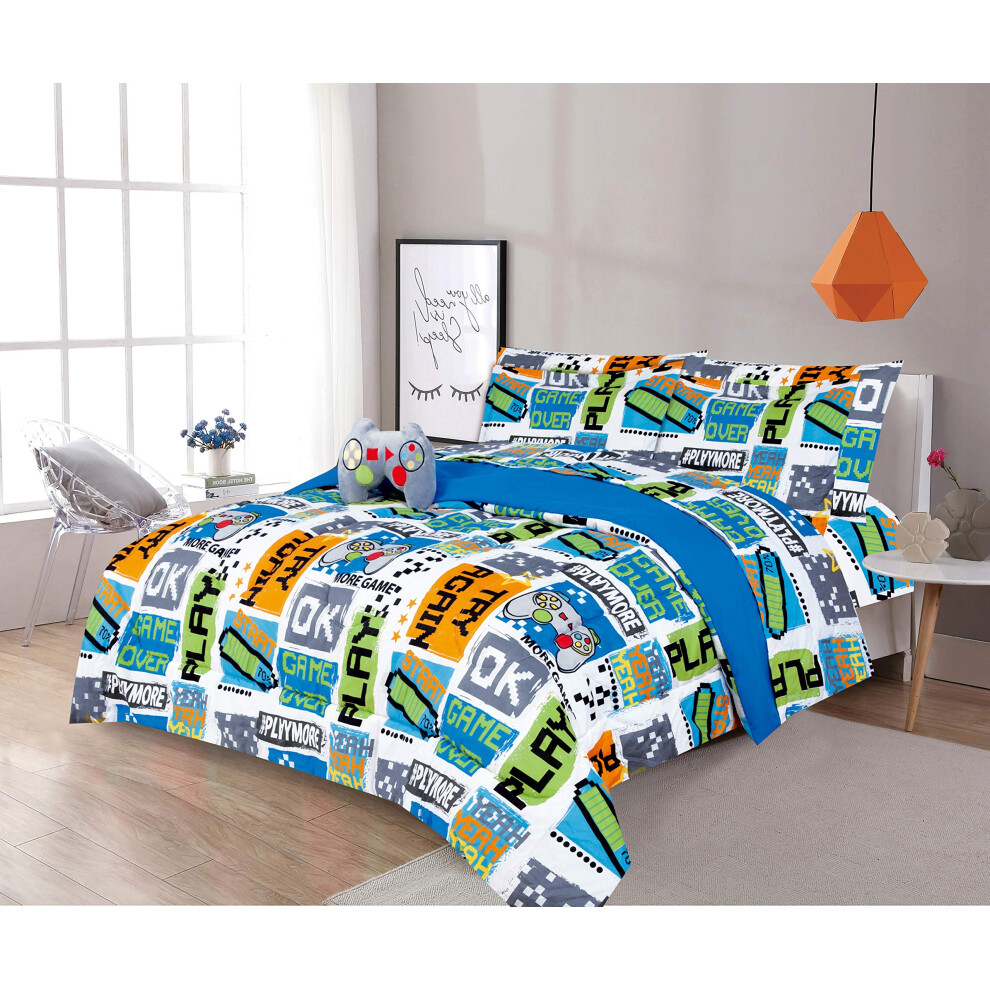 Parure de lit 4 pi   ces Sapphire Home pour enfant avec housse de couette et taie d'oreiller d   corative, motif jeu vid   o, pour lit double