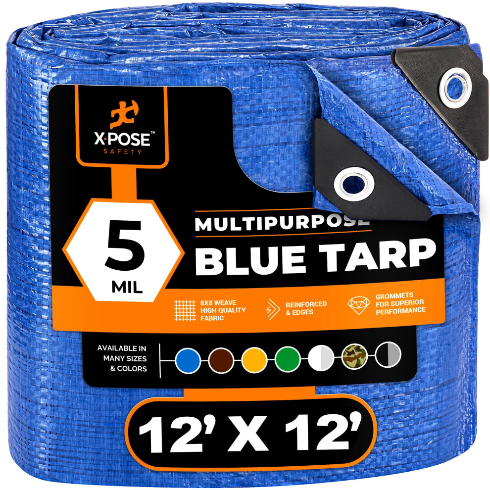 Better Blue Poly Tarp 12' X 12' - Multipurpose Protective Cover - Lightweight Durable Waterproof Weather Proof - 5 Mil Thick Polyethylene - By Xpos 743541450285