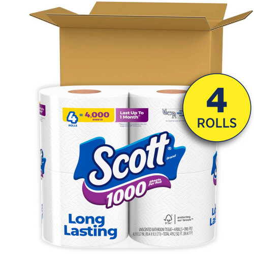 Scott 1000 Sheets Per Roll Toilet Paper 4 Rolls Bath Tissue 1