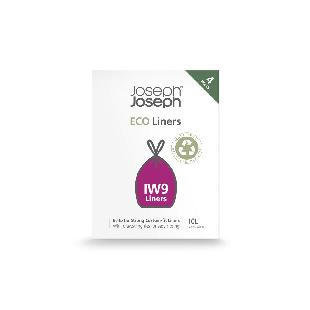 Joseph Joseph Eco IW9 Recycled Bin Liners  Kitchen/Bathroom Trash Bags  Tie Tape Drawstring  Extra Strong  80-Pack  10L/2.6 Gallon  Grey