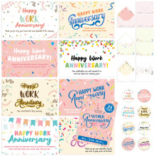 Decorably werknemerskaarten met enveloppen en stickers - 24 stuks Happy Work-jubileumkaarten voor werknemers met enveloppen en stickers blanco binnen