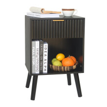 Fultyle Black Fluted Nightstand Modern Bedside Table with Drawer and Opening Storage End Side Table Living Room with Solid Wood Legs for Bedroom (Bl