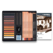 Lyra - Metalen doos met pastels en schetspotloden in bruine tinten  accessoires - 25 stuks