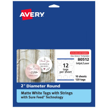 Avery Round Tags med sikker feed-teknologi 2 """" Diameter Matte White 120 Round Tags With Strings Print-to-the-Edge Laser/Inkjet Printable Tags (8