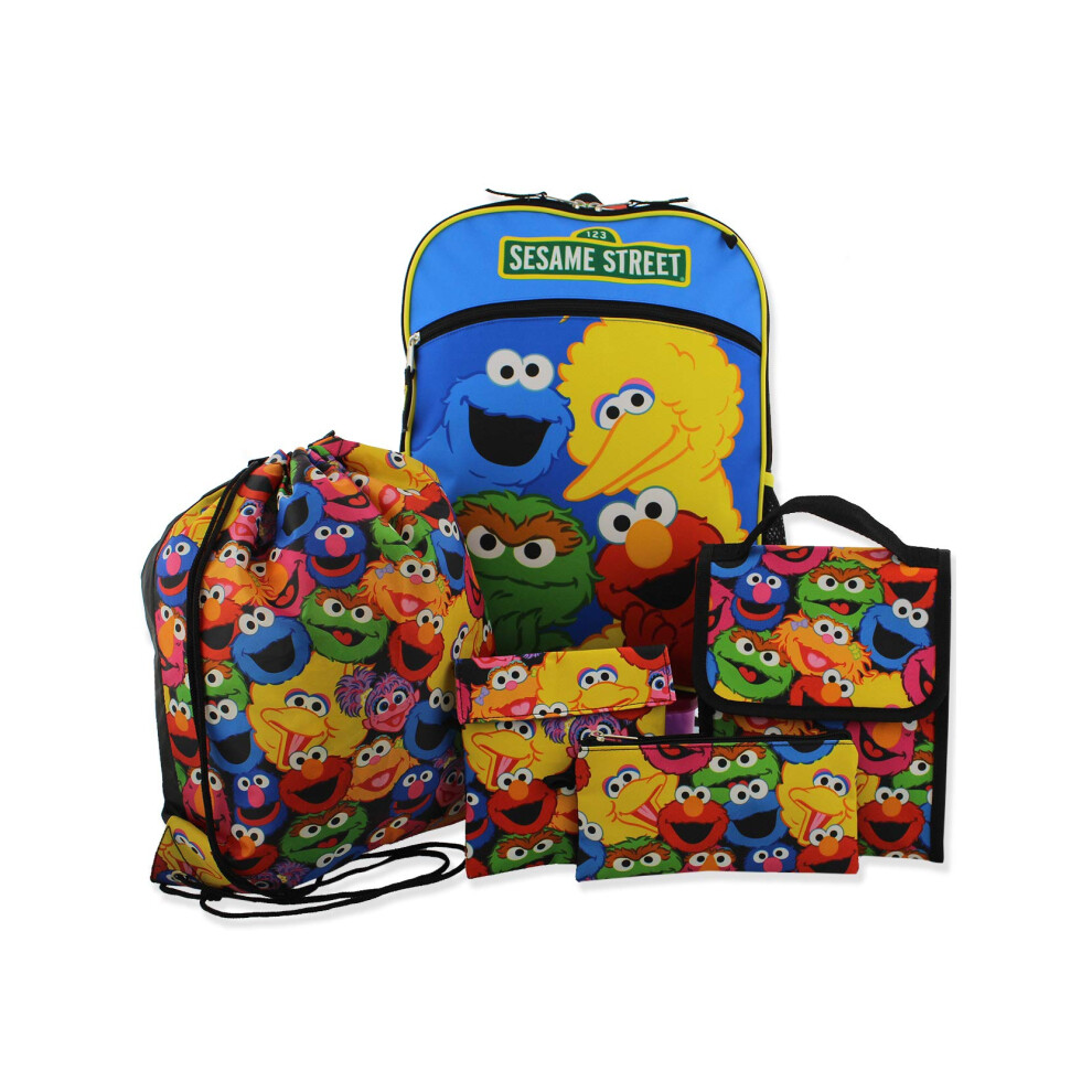 Sesame Street Boys Girls 5 piece Backpack Lunch Bag and Snack Bag School Set (One Size  Blue/Multi)