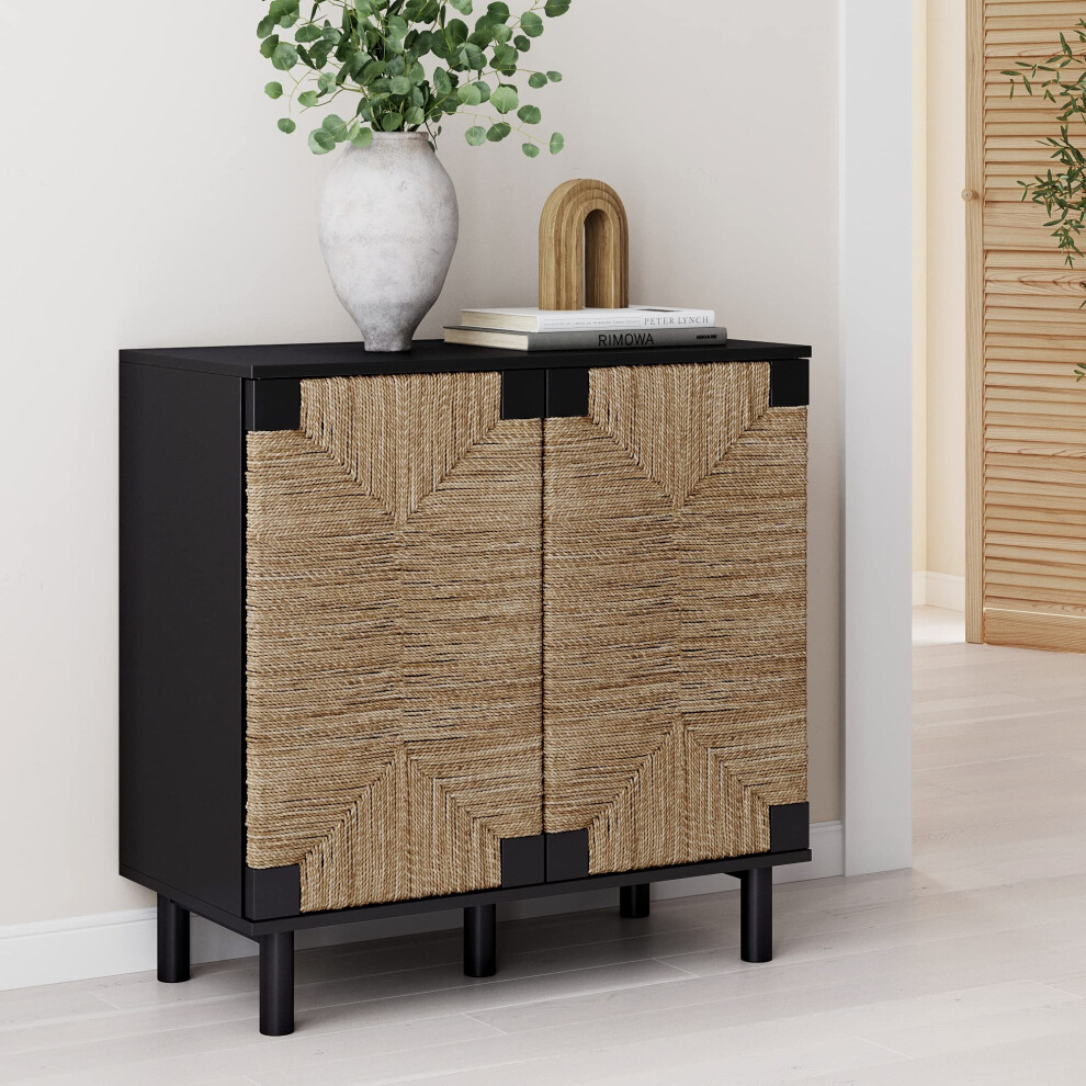 Nathan James Accent Boho Modern Free Standing Buffet Sideboard Hallway Entryway Dining Living Room 1 Storage Cabinet Beacon - Black
