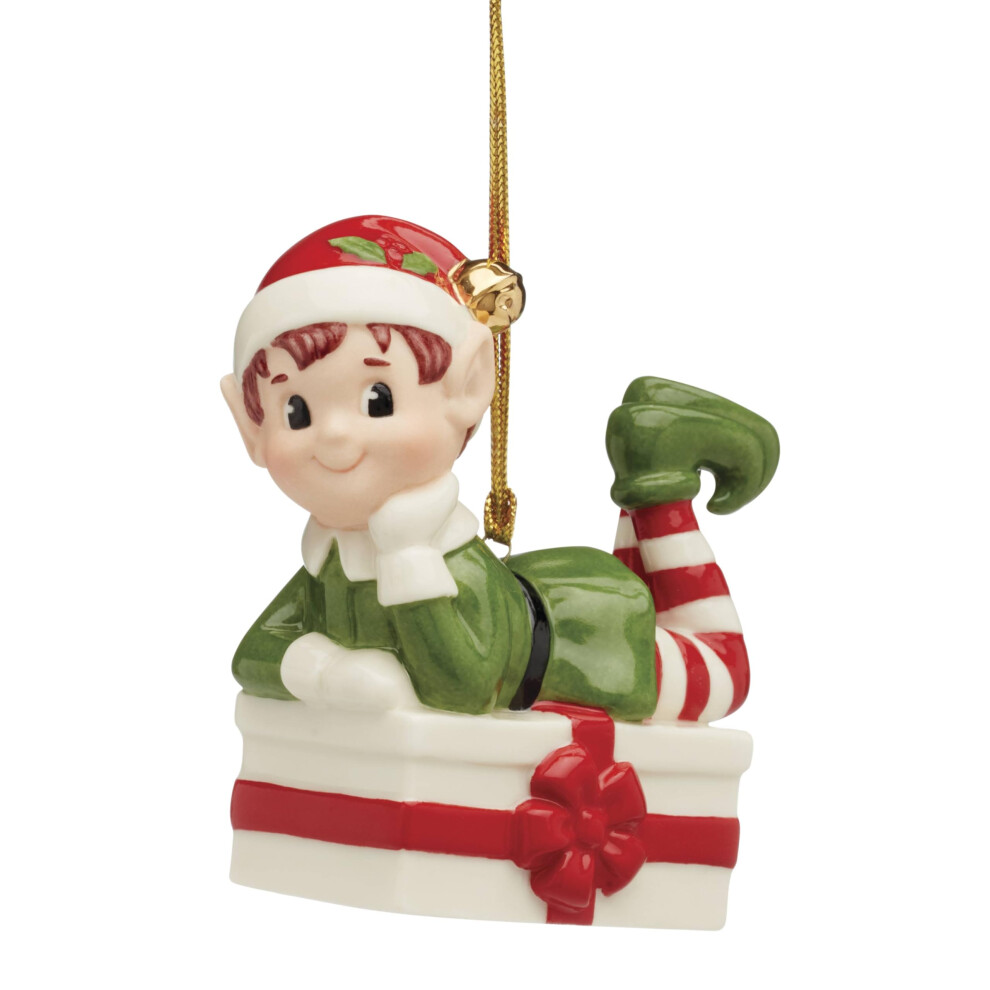 D Coration De Sapin De No L Lenox 896180 : Lutin Assis Sur Un Cadeau-image