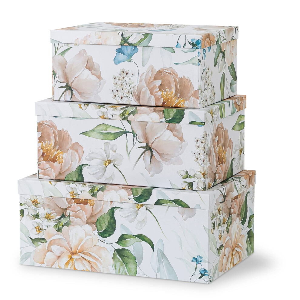 Seele & Lane Soul & Lane Decorative Storage Cardboard Boxes With Lids | Elegance In Bloom - Set Of 3 | Floral Moody Paperboard Nesting Boxes