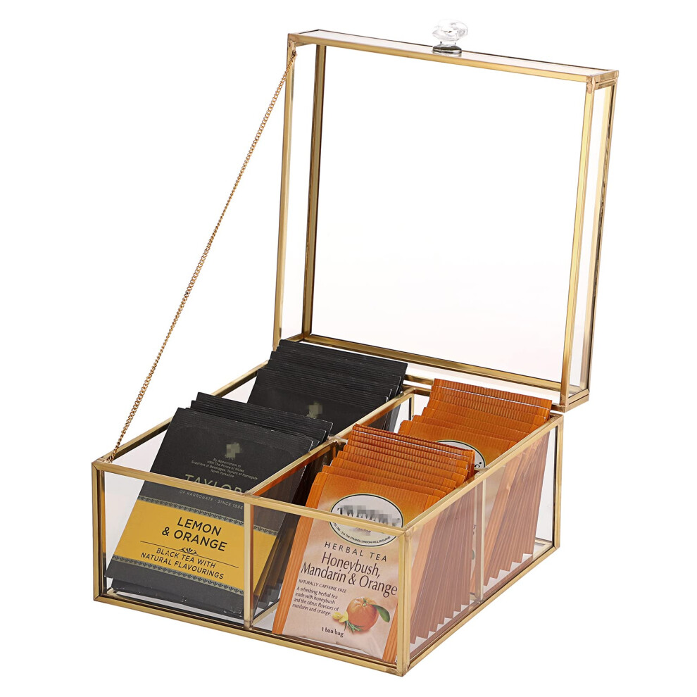 Elldoo Scatola Per Bustine Di Tè In Vetro Dorato Con Coperchio, Portagioie Da Banco, Per Confezioni Di Zucchero, Spugne, Gioielli, 4 Griglie, Solo Scatola Di Vetro-image