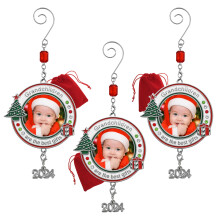 Grandchildren Photo Christmas Ornament - Set of 3-2024 Charm - Red White and Green Enameled and Jeweled Accents - Grandkids Picture Xmas Ornaments for