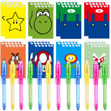 Jiaoohoo 24 stuks Super Bros feestartikelen | Set van 12 onzichtbare inktpennen en 12 Super Bros mini-notitieblokken | Cadeauzakjes voor Super Bros-f