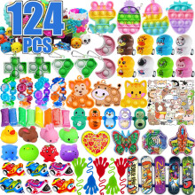 124 PCS Pop Party Favors for Kids Fidget Treasure Box Toys for Classroom Pinata Filler Treasure Chest Carnival Prizes Goodie Bag Stuffers Pr