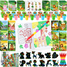 BenLouis 96-delige Jungle Safari Feestartikelen Dierentuindieren Kleurboeken Kleurpotloden Sticker Stampers Slap Armbanden Set Bulk Klas Prijzen voor