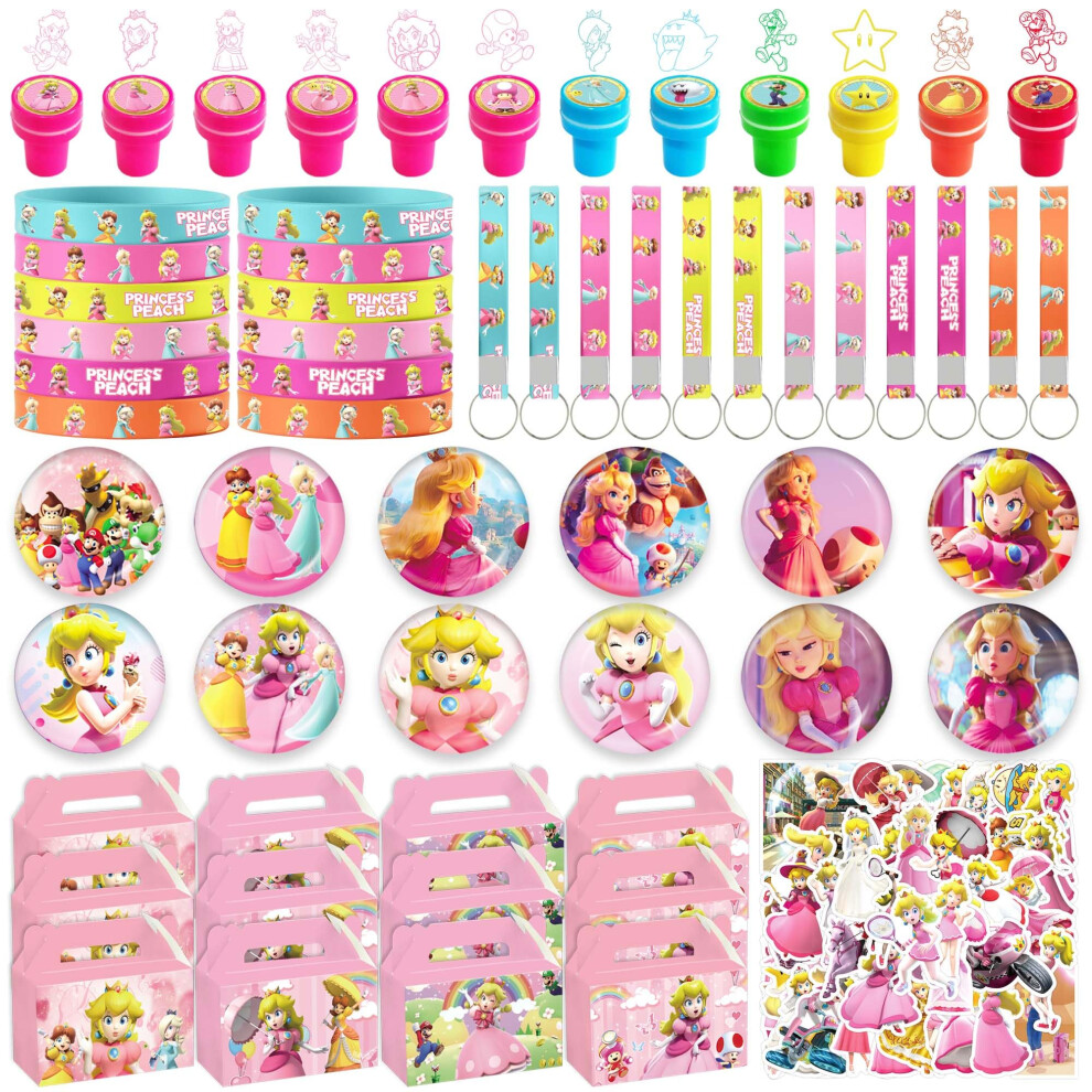 WOOACME Princess Peach Party Favor  110Pcs Princess Peach Party Supplies Include Button Pins  Key Chains  Bracelets  Stickers  Themed Stamps  Gift Bag-image-OPC-PGC8MDK-NEW