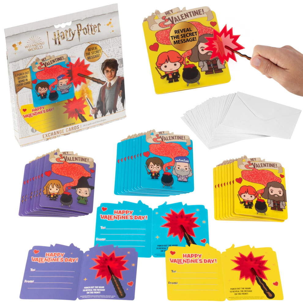 Harry Potter Potion Cauldron Valentine's Day Card Set for Kids  28 Cards & Envelopes - Magic Wand Lens Decodes the Hidden Message - School Classroom E