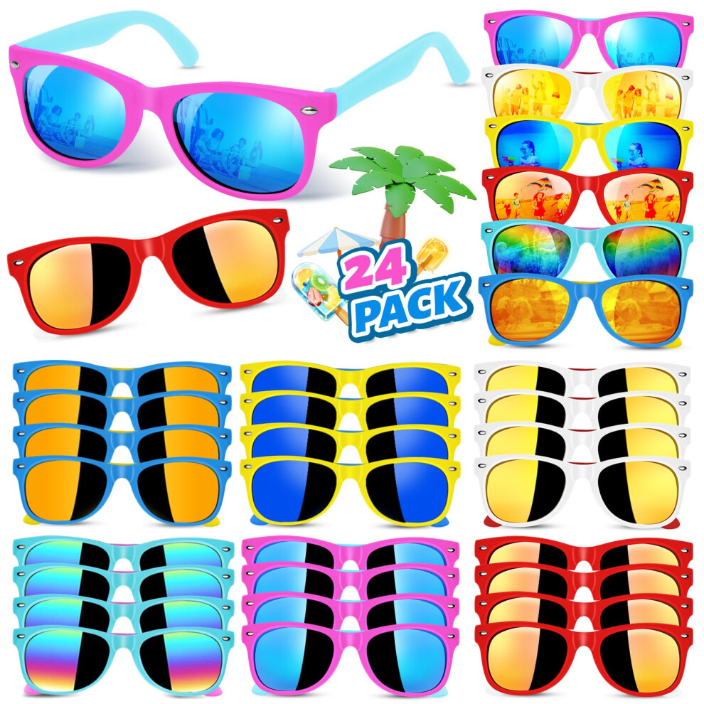 Hldgras 24 Pack Kids Sunglasses Bulk Party Favors For Kids 4-8-12 80S Style Neon Sunglasses With Uv400 Protection Goodie Bag Stuffers Pool Party Favors Decora