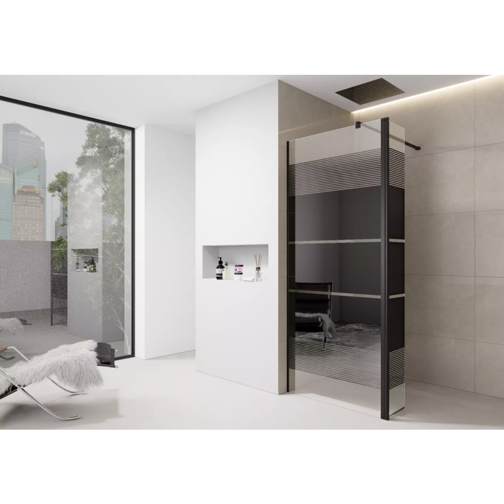 (900Mm Screen With 300Mm Flipper) Black Printed Shower Screen Walk In Wet Room Enclosure 8Mm Easy Clean Tempered Glass 5061088203177