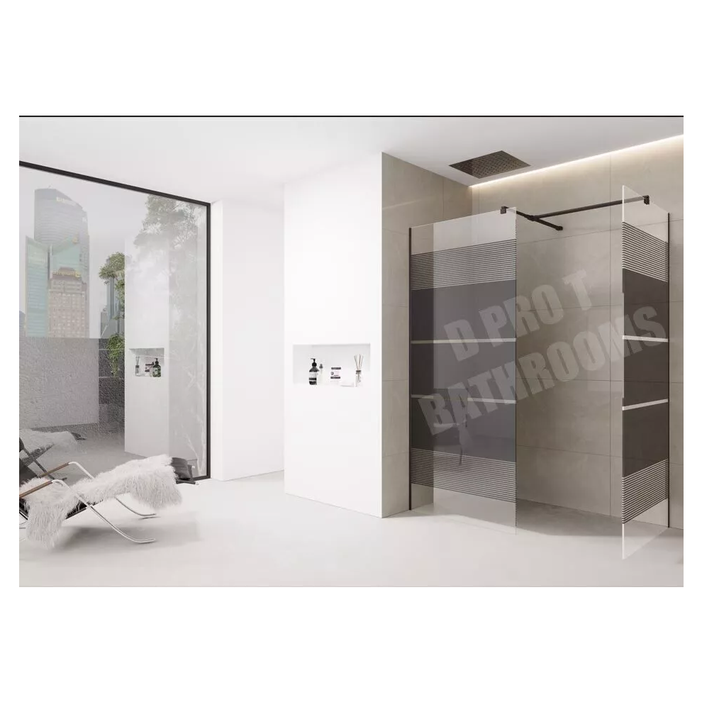 (900Mm Screen With 800Mm End Panel) Black Printed Shower Screen Walk In Wet Room Enclosure 8Mm Easy Clean Tempered Glass 5061088202231