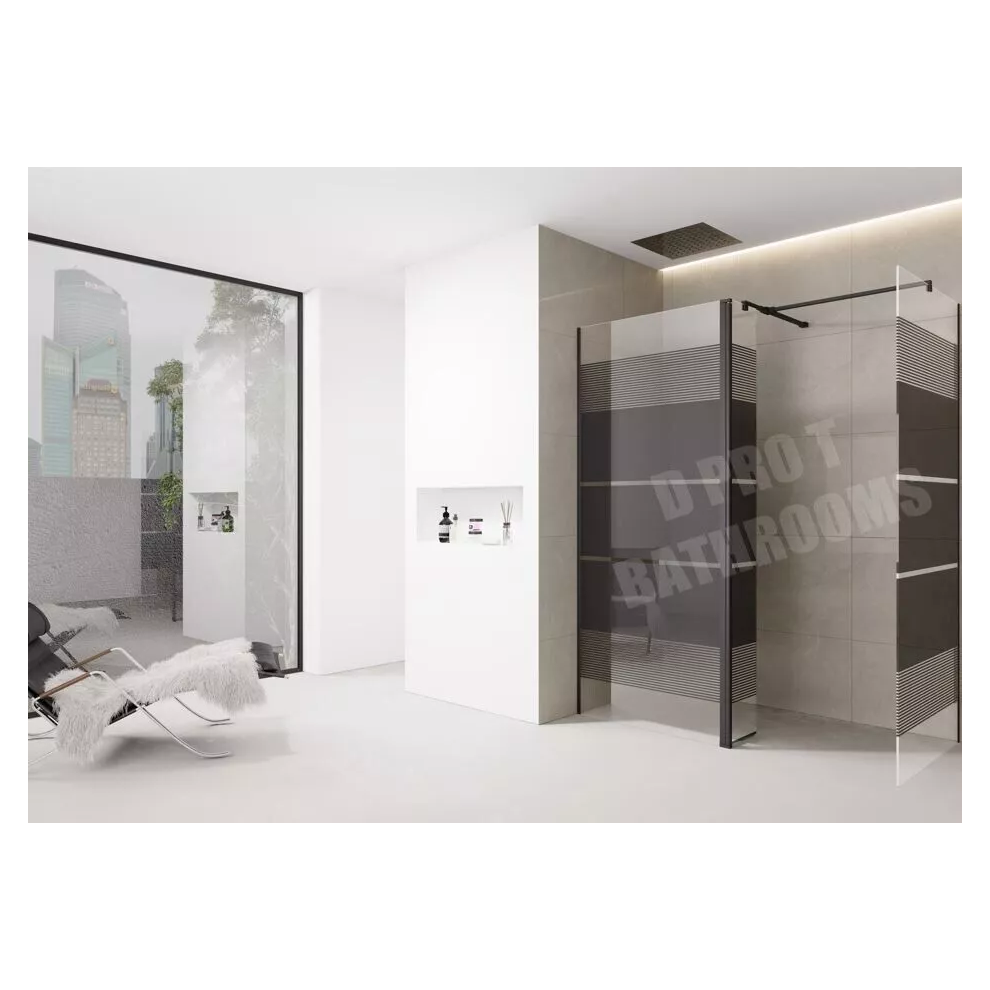 (1400Mm Screen With 800Mm End + Flipper) Black Printed Shower Screen Walk In Wet Room Enclosure 8Mm Easy Clean Tempered Glass 5061088202583