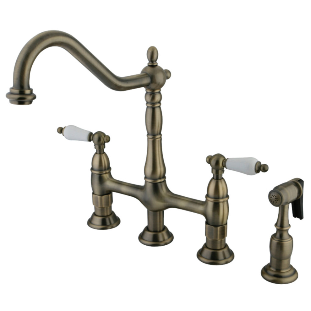 Kingston Brass Ks1273plbs Heritage 8 In. Bridge Kitchen Faucet With Brass Sprayer Antique Brass 663370177446