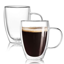 12 Oz Double Walled Glass Coffee Mugs with Handle Insulated Layer Coffee Cups Clear Borosilicate Glass Mugs - Gift for Cappuccino Tea Latte Espresso