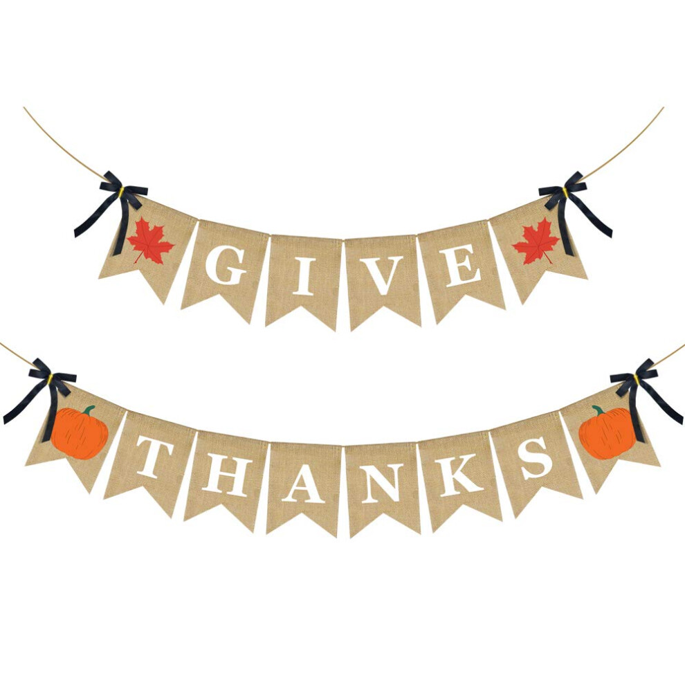 Erkoon Thanksgiving Banner Give Thanks Burlap Banner Garland Bunting Banner For Harvest Time Thanksgiving Party Decoration