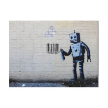 (Banksy Graffiti Smiling Robot And Barcodes Better Out Than In New York City Residency On Brick Wall_) Canvas Print DIY Framed Kit Wall Art for Living Room Bedroom Retro Farmhouse Decor 16x20 inch