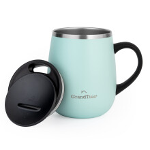 Grandties Insulated Coffee Mug with Handle - Sliding Lid for Splash-Proof 16 oz Wine-Glass Shape Thermal Tumbler with Double Walled Vacuum Stainless S