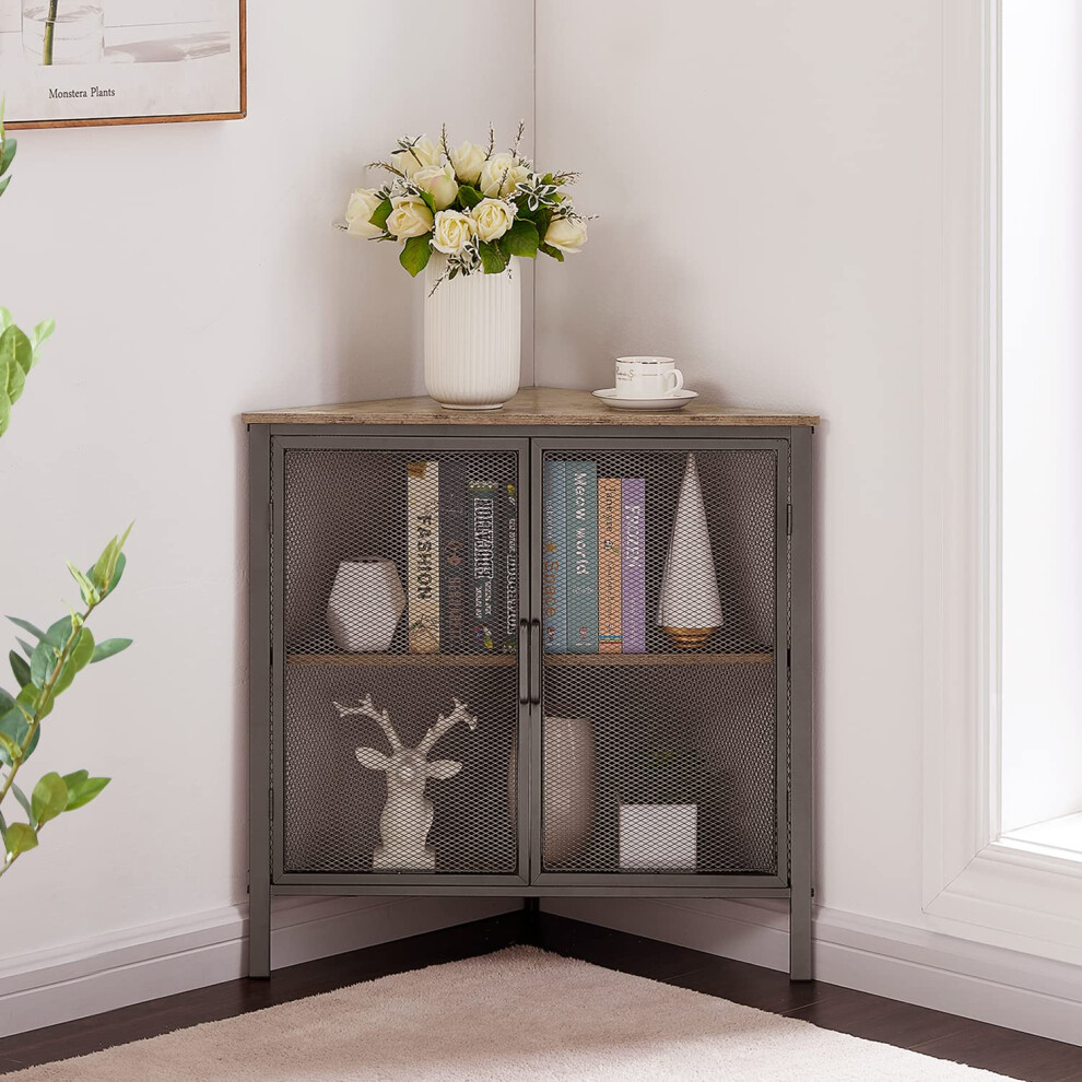 VECELO Corner Cabinet Table with 3-Tier Shelf  Free-Standing Storage Organizer for Small Space in Living Room/Bedroom/Kitchen  Two Doors  Grey