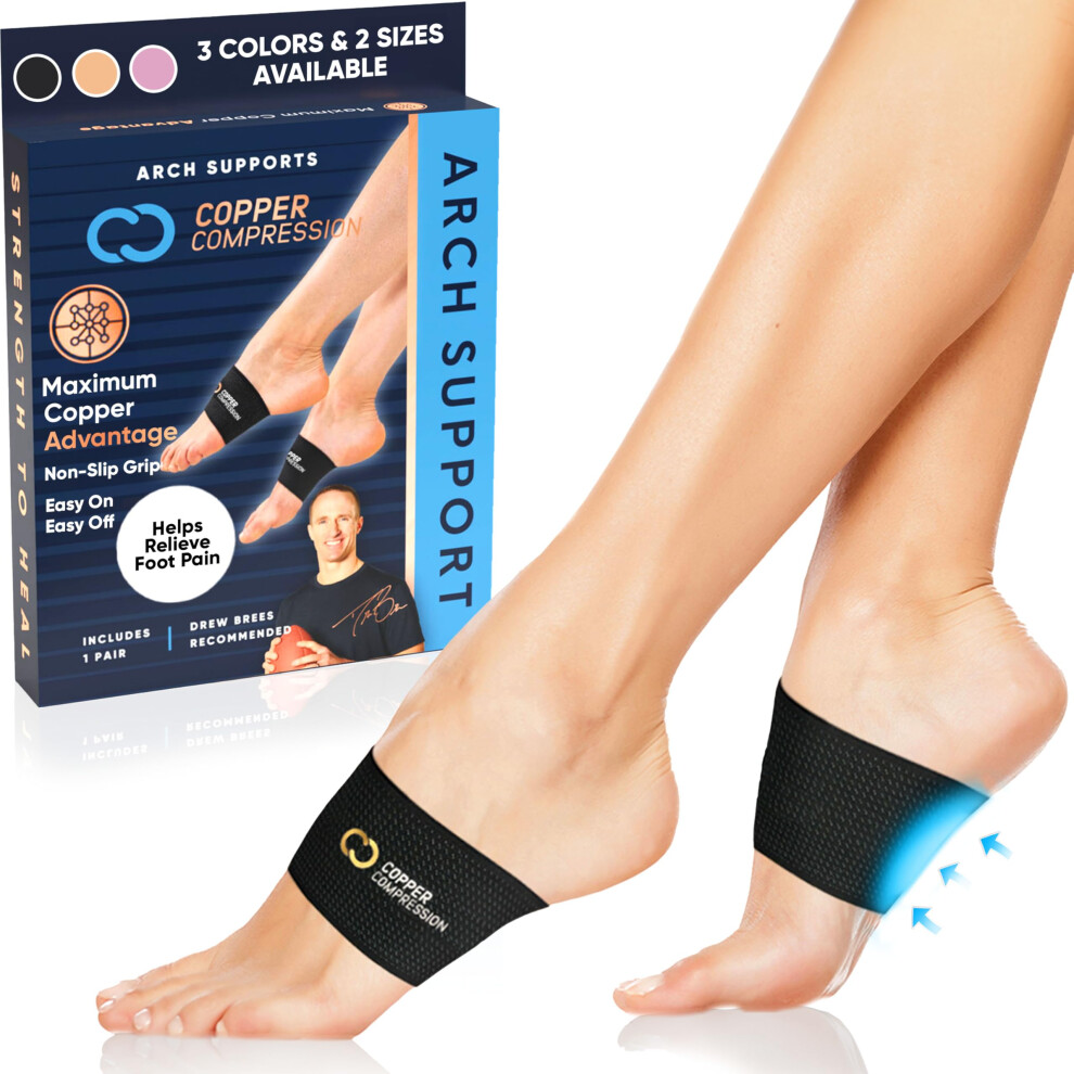 Copper Compression Copper Arch Support - 2 Plantar Fasciitis Braces/Sleeves. Foot Care Heel Spurs Feet Pain Relief Flat & Fallen Arches High Arch