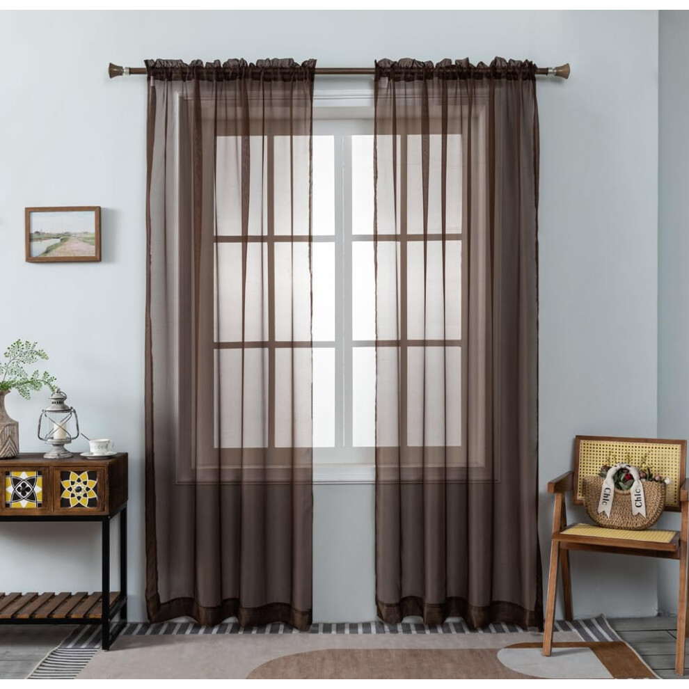 Rideaux transparents marron café WPM 58" de large x 95" de long 2 panneaux Traitement de fenêtre de salon Passe-tringle Voile transparent pour ch