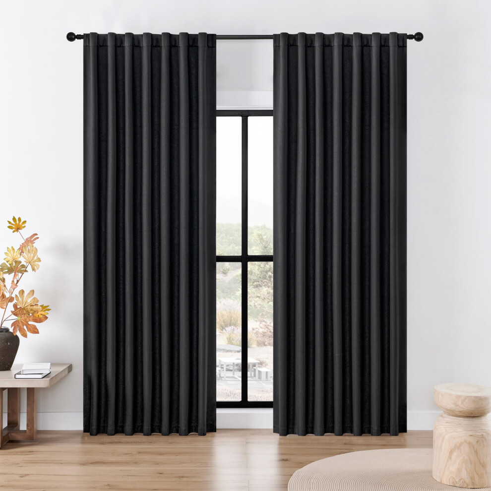 Joydeco Rideaux occultants en imitation lin pour chambre     coucher, rideaux occultants noirs de 228 cm de long, 100 % occultants, rideaux de fen