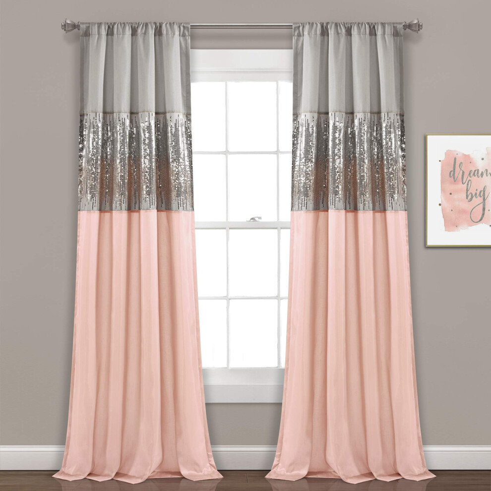 Lush Decor Night Sky Window Curtain Panel  Single  42 W x 108 L  Gray & Blush - Sequin Curtains - Sparkle & Color Block Design - Modern Glam Decor - E-image-OPC-PGC99NH-NEW
