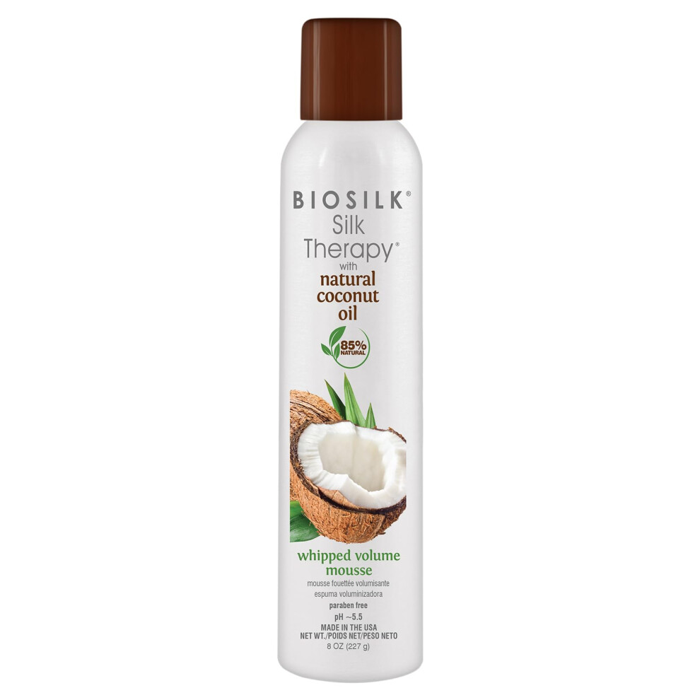 BioSilk Silk Therapy with Coconut Oil Whipped Volume Mousse  Defines Curls  Adds Body & Strengthens Hair  Sulfate  Paraben & Cruelty-Free  5 Oz