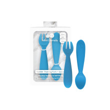 ezpz mini-gebruiksvoorwerpen - 12 maanden+ (vork en lepel in blauw) - 100% BPA-vrije vork en lepel - gebruiksvoorwerpen voor peuters - ontworpen door