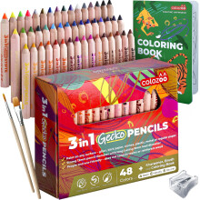 colozoo Gecko 3-in-1 Kids' Pencil Set | 48 Colouring Pencils with 2 Brushes Sharpener Coloring Book for ages 3 and Up | Ideal for Drawing Pencils P