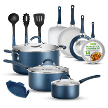 NutriChef 14-Piece Navy Blue Cookware Set - Durable Non-Stick Pots and Pans Set with Lids & Utensils Compatible with All Cooktops