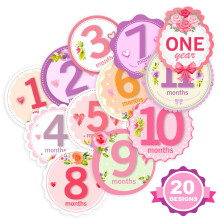 Baby Monthly Milestone Stickers for Girls by Turtlesurfers | Designs florais com temas de f   rias inclu   dos! | Todos os meses e primeiro ano, incl