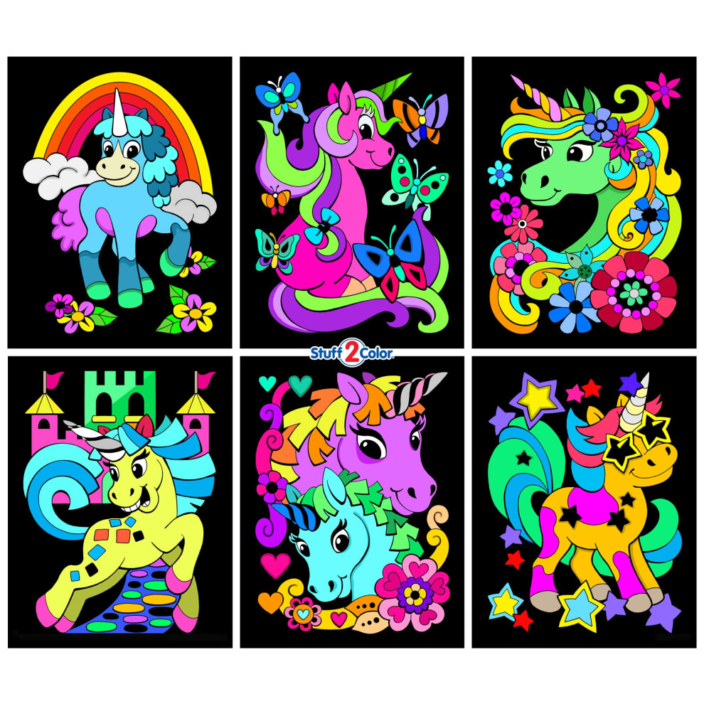 Licorne Amoureuse - Lot de 6 affiches à colorier en velours pelucheux pour enfants, tout-petits, filles et garçons (activité de coloriage pour to