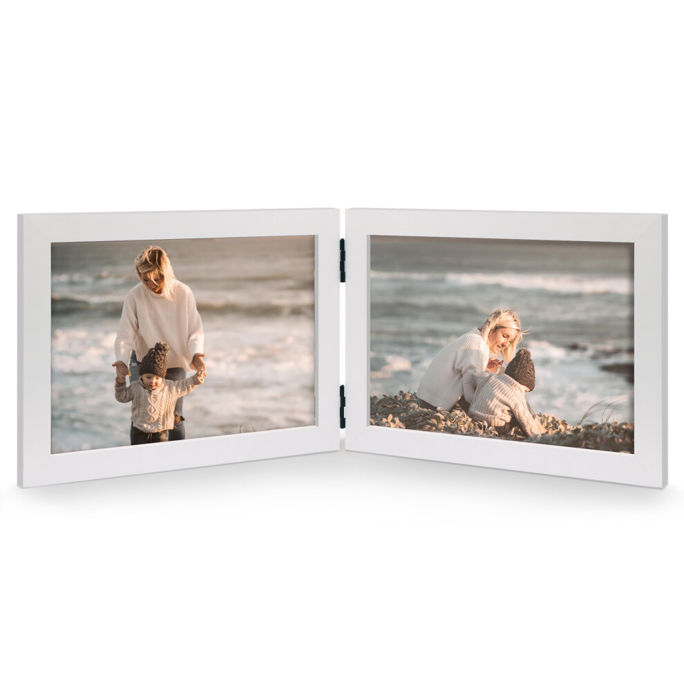 Jd Concept White Double 4X6 Horizontal Wood Picture Frame 3.5X5.5 Opening Foldable Landscape View Photo Frame On Table-Top Or Wall
