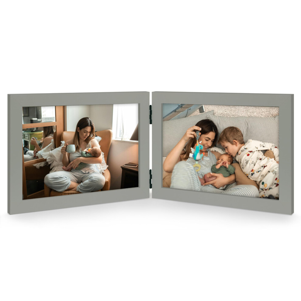 Jd Concept Grey Double 5X7 Horizontal Combo Wood Picture Frame 4.5X6.5 Opening Foldable Landscape View Photo Frame On Table-Top Or Wall