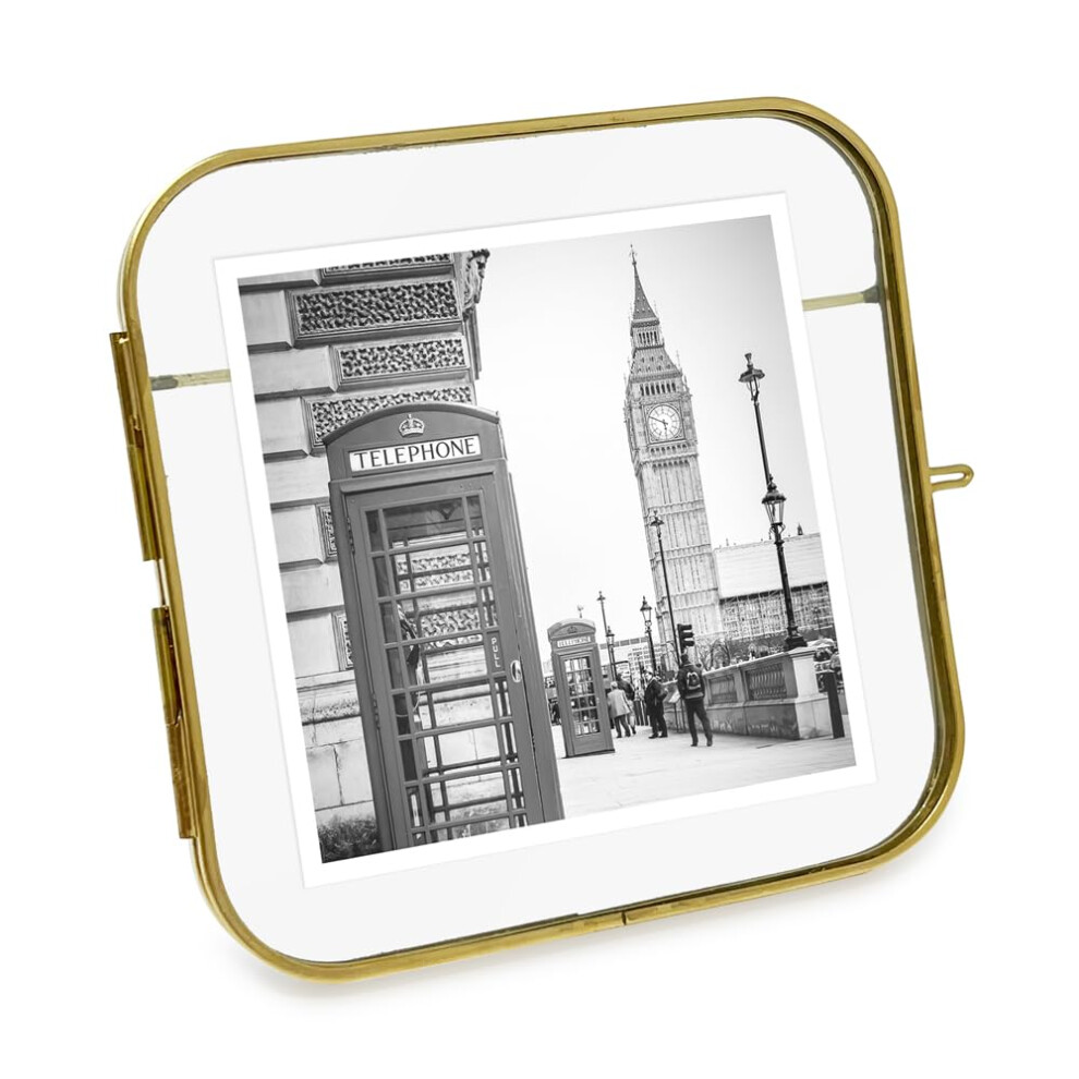 Isaac Jacobs 4x4 Vintage Style  Round-Edged Brass & Glass Metal Floating Picture Frame with Locket Closure  Made for Tabletop Display (4x4  Antique Go