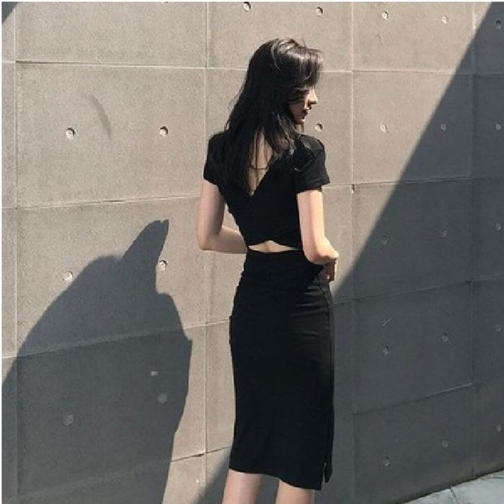 (black, 2XL) "Korean-Style Sexy Backless Midi Slit Dress - Women's Spring/Summer 2025 Collection