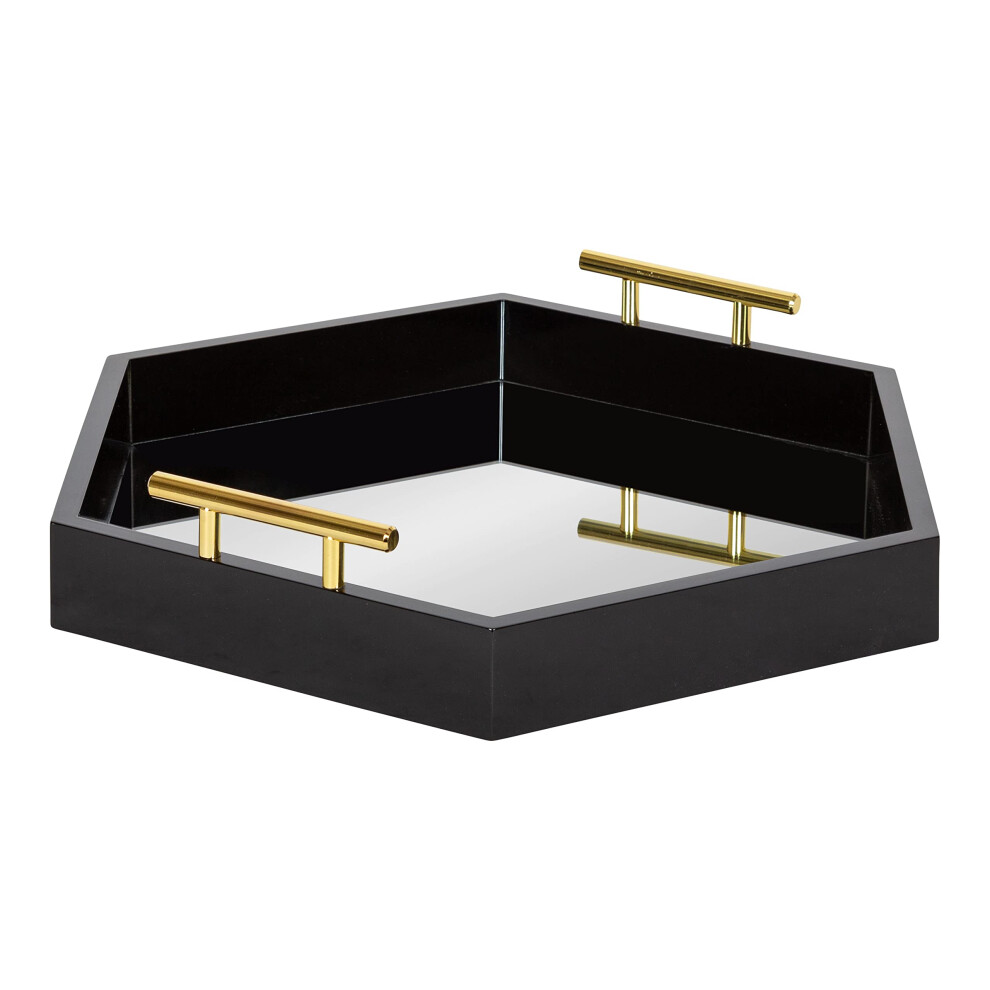 Kate et Laurel Lipton Plateau miroir hexagonal moderne 18 x 18 noir et or Plateau de service d   coratif du milieu du si   cle pour le rangement et l