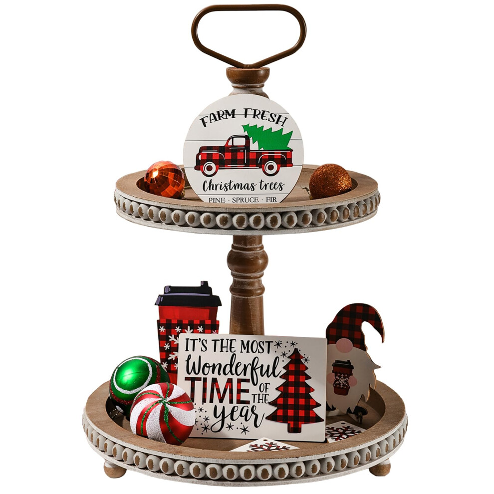 Plateau à Deux Niveaux Fait Main, Petit Plateau Saisonnier à Plusieurs Niveaux Perlé, Plateau De Service De Cuisine En Bois Brun Chaud Pour Café,-image