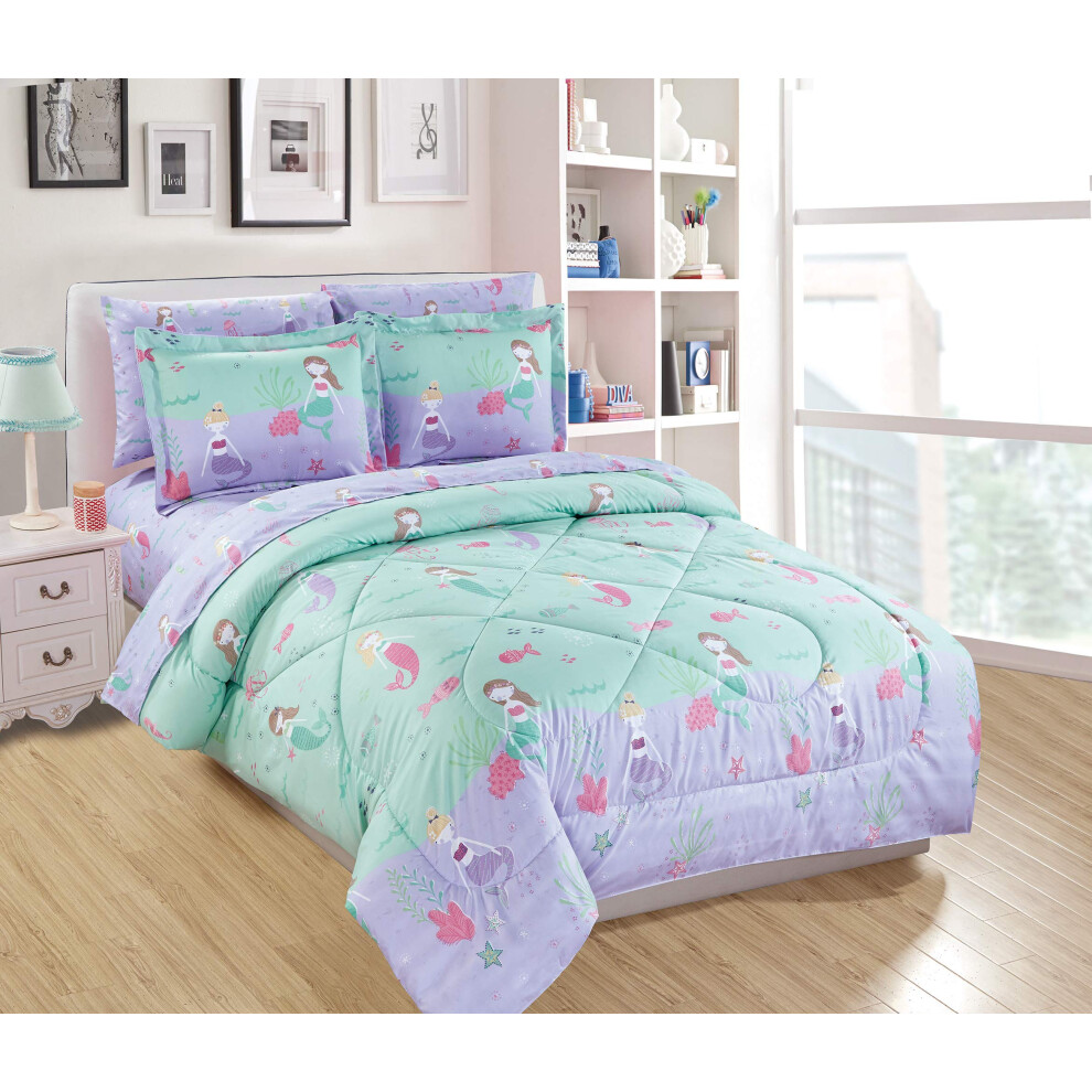 Parure de lit en lin fantaisie Motif sir   ne sous la mer Lavande Aqua Rose Nouveau # Sir   ne (couette compl   te)
