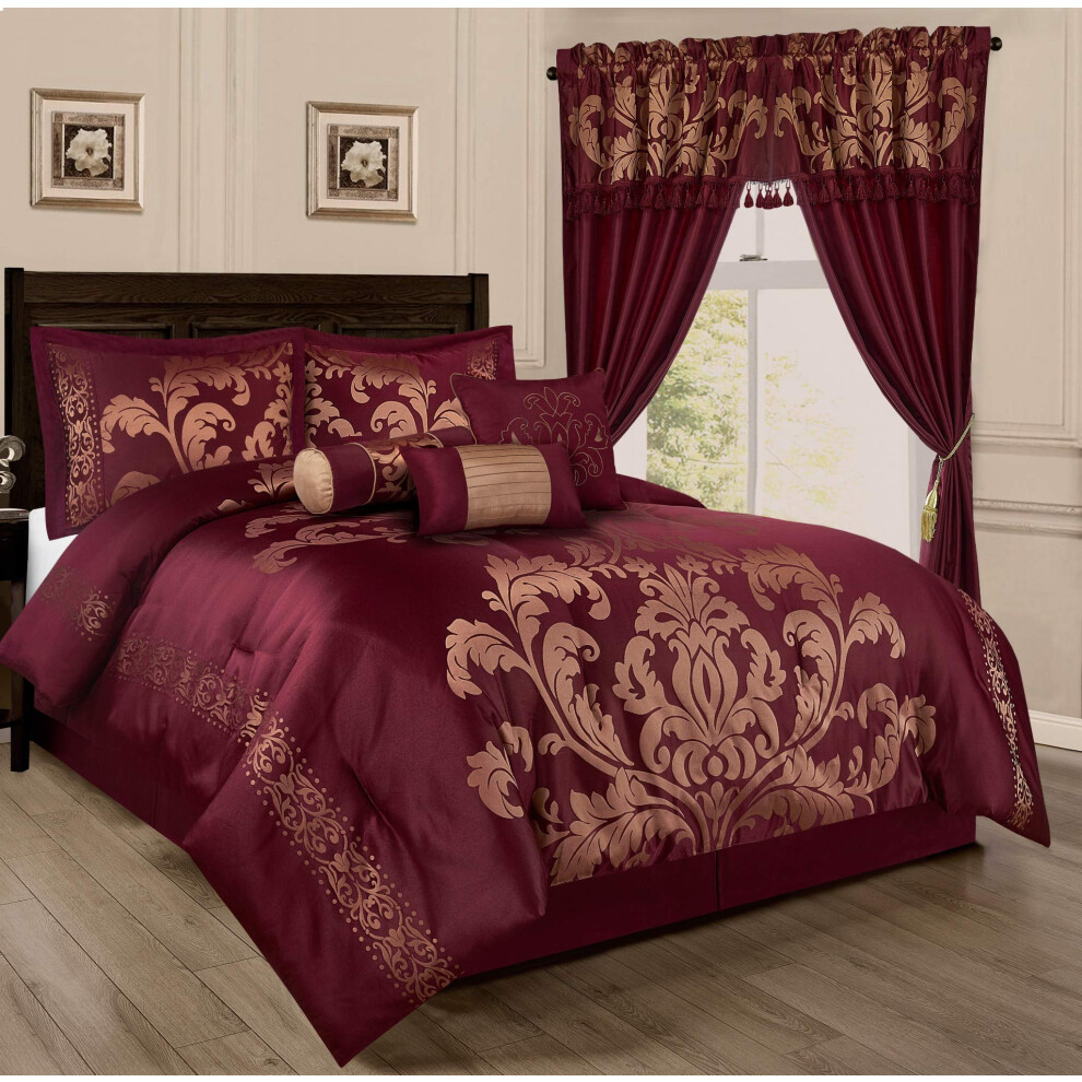 Chezmoi Collection Royale 7-Piece Jacquard Floral Comforter Set Oversized King Maroon/Gold