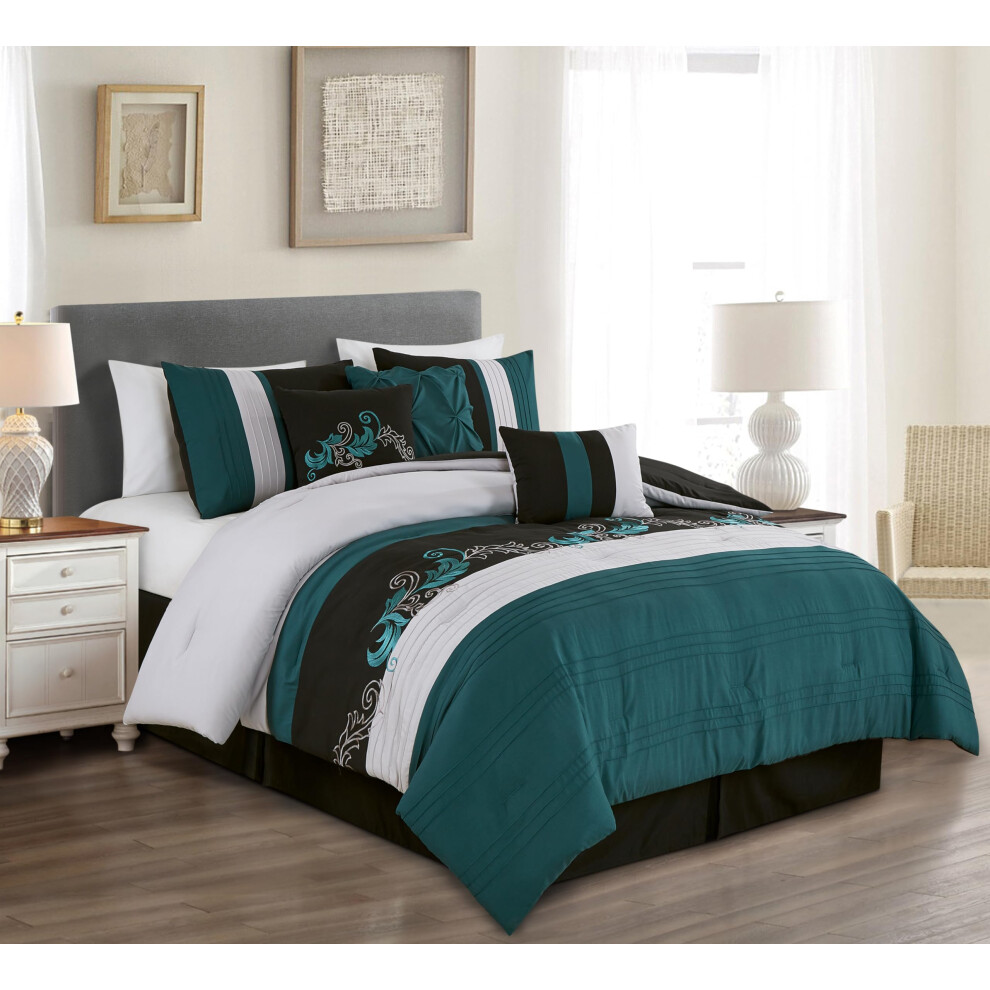 Parure de lit de luxe 7 pi  ces avec housse de couette et broderie    volutes de feuilles, collection Chezmoi Napa (Queen, bleu sarcelle, noir, gris)