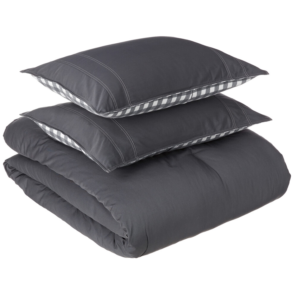 Eddie Bauer - Parure de lit Queen r   versible en coton avec taies d'oreiller assorties, pr   lav   e pour plus de douceur (Kingston Charcoal Queen)